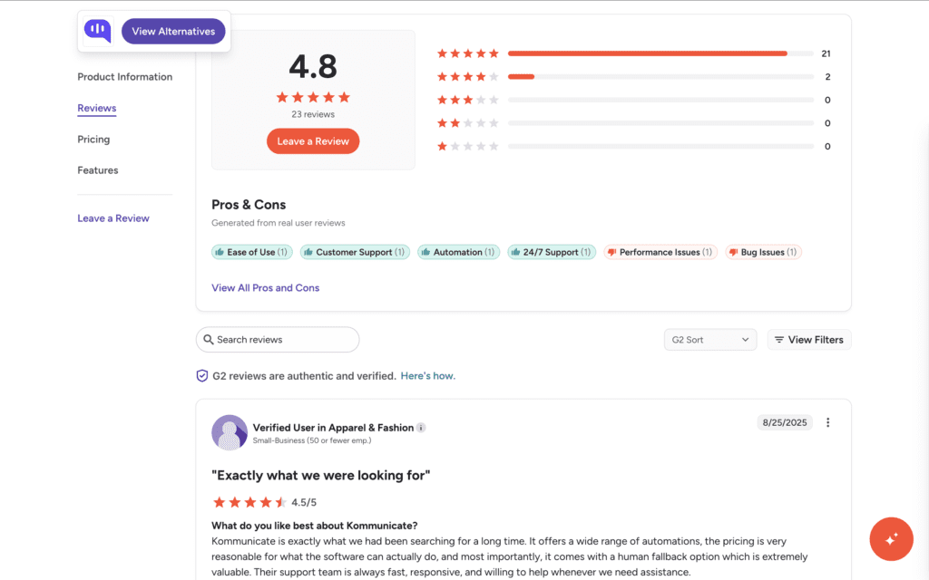 A G2 reviews page for Kommunicate showing an overall rating of 4.8 out of 5 based on 23 reviews. A rating breakdown displays 21 five-star reviews, 2 four-star reviews, and no lower ratings. A Pros & Cons section lists tags such as Ease of Use, Customer Support, Automation, 24/7 Support, Performance Issues, and Bug Issues. Below, a verified user review from the Apparel & Fashion industry is shown with a 4.5/5 rating and the title ‘Exactly what we were looking for,’ followed by positive feedback about Kommunicate’s automations, pricing, and human fallback support.